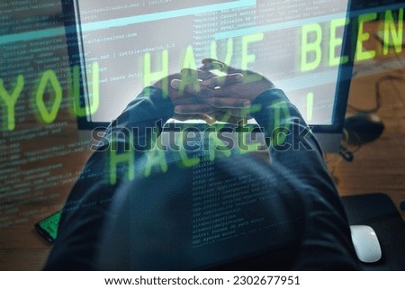 Hacker, man hands and computer screen for software hacking, coding or programming success at night in digital overlay. Code crack, information technology and programmer person stretching on desktop