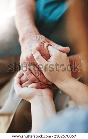 Woman, senior man and holding hands for support with care and empathy while together for closeup. Hand of elderly male and person for hope, trust and kindness or help with life insurance and health