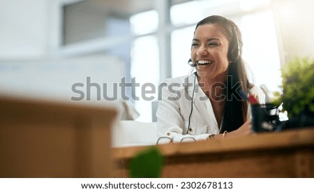 Laughing, virtual assistant or happy woman in call center consulting, speaking or talking at help desk. Smile, friendly or funny sales consultant in telemarketing customer services or telecom company Royalty-Free Stock Photo #2302678113