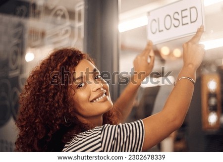 Closed, sign and portrait of happy woman at shop, store and notice of retail shopping time, board and advertisement. Small business owner advertising closing of cafe, information or storefront poster