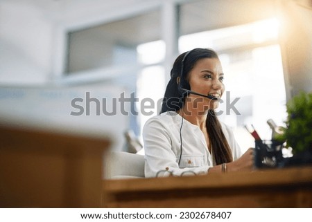 Customer service, virtual assistant or happy woman in call center consulting, speaking or talking at help desk. Contact us, friendly agent or sales consultant in telemarketing or telecom company Royalty-Free Stock Photo #2302678407