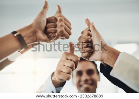 Business people, hands and thumbs up for winning, success or teamwork achievement at office. Hand of employee group showing thumb emoji, yes sign or like in team win, victory or good job at workplace