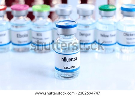 Influenza vaccine in a vial, immunization and treatment of infection, vaccine used for disease prevention Royalty-Free Stock Photo #2302694747
