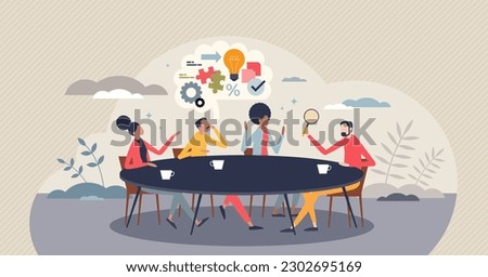 Collaboration and business team meeting with discussion tiny person concept. Company partnership and new idea generation with colleague brainstorm process vector illustration. Cooperation in workplace Royalty-Free Stock Photo #2302695169