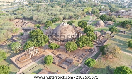 Aerial View of Sanchi Buddhist complex, it is a famous for its Great Stupa, on a hilltop at Sanchi Town in Raisen District of the State of Madhya Pradesh, India. Royalty-Free Stock Photo #2302695691