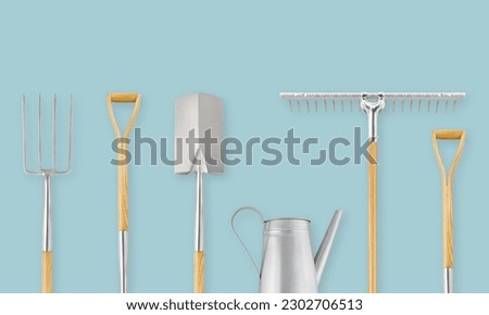 Gardening tools. Garden vintage set equipment. Concept of florist shop, greenhouse or gardener work. Top view isolated on background with copy space for template, online shopping or advertising banner