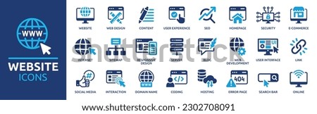 Website icon set. Containing web design, internet, content, SEO, hosting, server, homepage and e-commerce icon. Solid icon collection. Vector illustration. Royalty-Free Stock Photo #2302708091