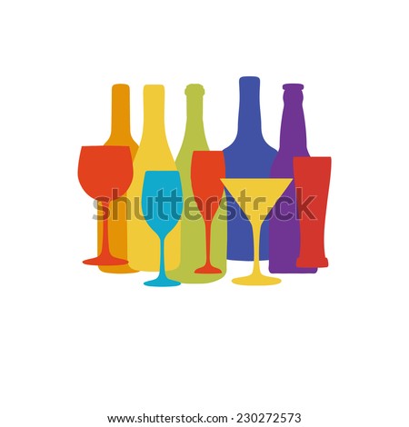 Vector background with different wine and beer bottles in rainbow colors
