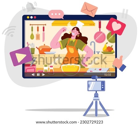 Flat design illustration with female cooking vlogger, standing in kitchen. She is tasting the food while being surrounded by various cooking utensils, ingredients and appliances.