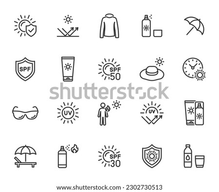 Vector set of sun protection line icons. Contains icons sunscreen, ultraviolet, sunglasses, spf protection, umbrella, sunburn, sun hat, beach lounger and more. Pixel perfect.