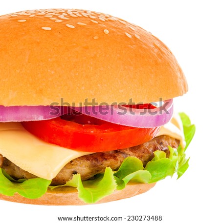 Big beautiful juicy burger with meat and vegetables. Isolated on white background