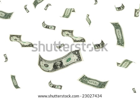money falling from the sky over a white background.