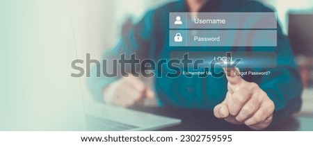 Businessman use laptop login register username and password identity on webpage concepts of cyber security, internet access, join social or personal data protection or forget pass key unlock. Royalty-Free Stock Photo #2302759595