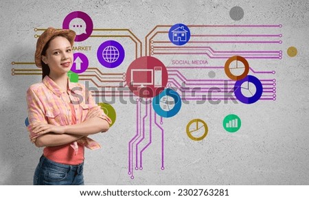 Young pretty girl and color application icons at background