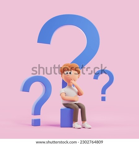 3d rendering. Cartoon character man, hand on chin thinking. Pensive guy sitting on a big question mark, pink background. Concept of thoughts and search for answer illustration