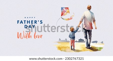 Fathers Day card with cute watercolor illustration of dad with son fly a kite and walking together, modern typography, holiday wishes. Father's Day templates for poster, cover, banner, social media Royalty-Free Stock Photo #2302767321