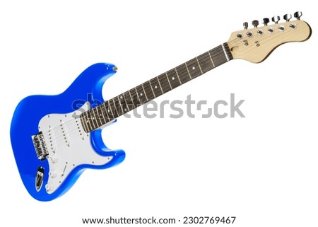 ฺBlue electric guitar isolated on white background, Electric guitar on white background with work path. Royalty-Free Stock Photo #2302769467
