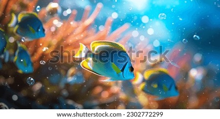 Tropical sea underwater fishes on coral reef. Aquarium oceanarium wildlife colorful marine panorama landscape nature snorkeling diving Royalty-Free Stock Photo #2302772299