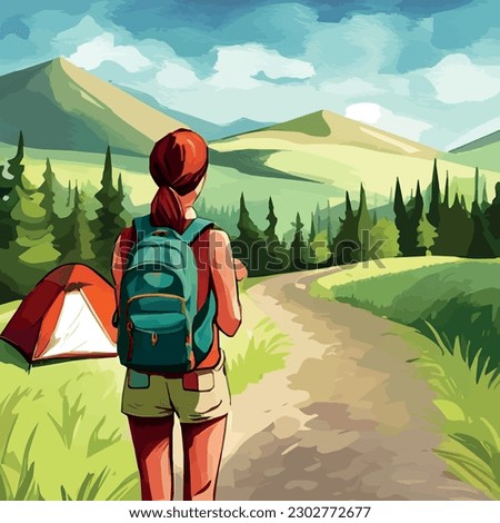 Adventure woman hiker enjoying hiking in mountains with nordic poles backpack flat vector illustration. Woman traveler travels with backpack. Happy tourist girl is ready for adventure. flat vector