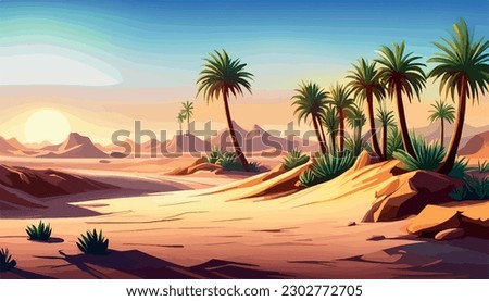 Desert background Summer with sun, sand, clouds, palms Trees Vector design style Nature Landscape. illustration desert oasis with cacti. Cacti flowers coming out of the ground with sand hills banner  Royalty-Free Stock Photo #2302772705