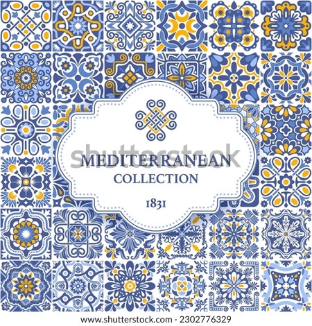 Label or business card template with azulejo mosaic tile pattern, blue, white, yellow colors, floral motifs. Mediterranean, Portuguese, Spanish traditional vintage style. Vector illustration Royalty-Free Stock Photo #2302776329