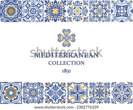 Label or business card template with azulejo mosaic tile pattern, blue, white, yellow colors, floral motifs. Mediterranean, Portuguese, Spanish traditional vintage style. Vector illustration Royalty-Free Stock Photo #2302776339