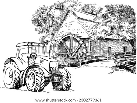 Rural landscape with mill.  Bakery shop, organic agricultural production, ecological food. Vector hand drawn vintage engraved sketch.