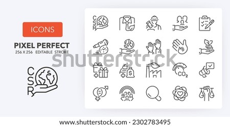 Set of thin line icons about corporate social responsibility. Outline symbol collection. Editable vector stroke. 256x256 Pixel Perfect scalable to 128px, 64px... Royalty-Free Stock Photo #2302783495