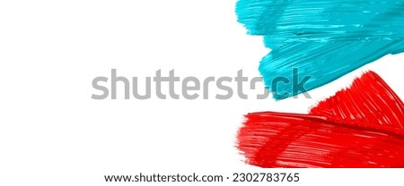 Smears of red and blue paint on a white background. Top view, flat lay. Banner.