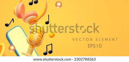 Mobile music concept. Headphones. music notes and retro vocal microphone