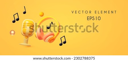 Music concept. Headphones. music notes and retro vocal microphone