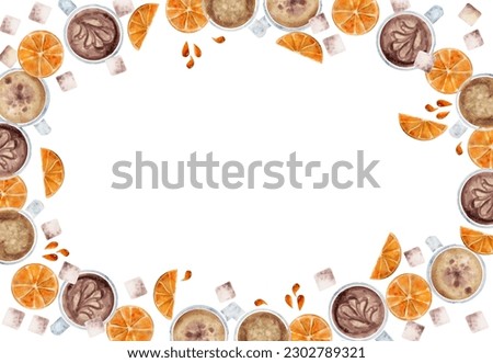 Watercolor hand drawn circle frame wreath with coffee cups, sugar cubes, orange drops and slices. Isolated on white background. For invitations, cafe, restaurant food menu, print, website, cards.