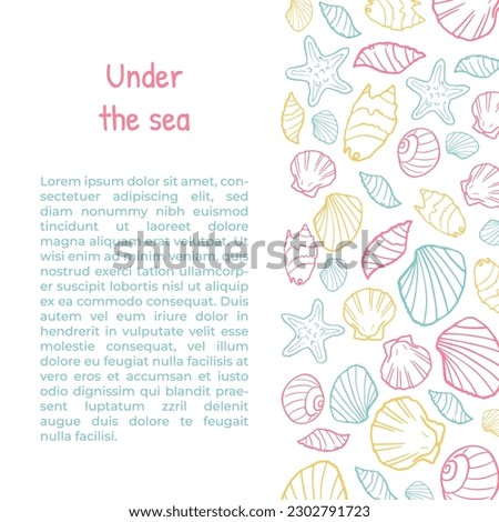 Square banner or poster with hand drawn seashells, barnacles at the right. sketch vector illustration, banner or leaflet layout for fish cafe and seafood market.