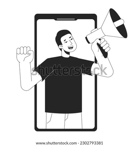 Influencer marketing bw concept vector spot illustration. Man with megaphone in phone 2D cartoon flat line monochromatic character for web UI design. Announcement editable isolated outline hero image Royalty-Free Stock Photo #2302793381