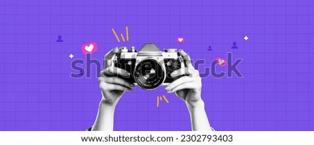 Vector collage banner. With the hands of the photographer who holds the banner. Social Media. Halftone style. Smm funnel to attract followers and likes on IG. Purple and pink colors. Royalty-Free Stock Photo #2302793403
