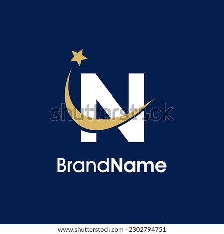 Simple Elegant Illustration logo design Initial N with Swooshing star in gold color. Logo can use for any industry and work as well in small size.