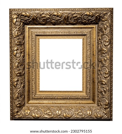 very wide carved bronze picture frame isolated on white background with cut out canvas