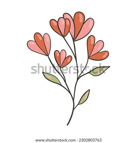 Colorful flower, hand drawn, vector flat illustration. Flowering plants with stems and leaves isolated on white. Floral decoration or gift. for your design