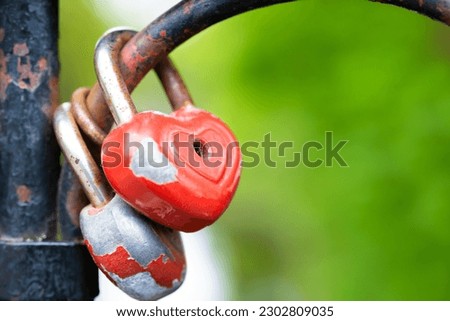 Red lock padlocks love heart shape on bridge