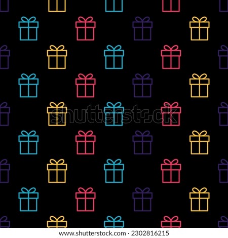 Seamless pattern with colorful outline gift box and black background