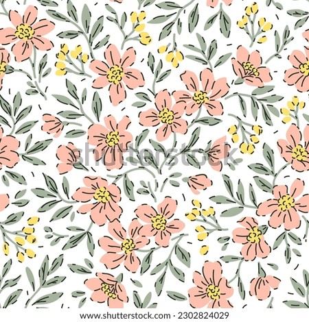 Vintage seamless floral pattern. Ditsy style background of small flowers. Yellow berries. Small coral flowers scattered over a white background. Stock vector for printing on surfaces and web design. Royalty-Free Stock Photo #2302824029