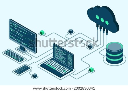 Cloud technology computing concept. Modern cloud technology. Data center isometric concept. Isometric cloud technology with datacenter. Web hosting concept. Vector illustration Royalty-Free Stock Photo #2302830341
