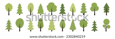 Green tree vector icon set. Wood with leaf natural collection in flat style. Tree simple different logo design elements. 