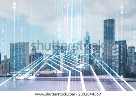 New York City skyline, United Nation headquarters over East River, Manhattan, Midtown at day time, NYC, USA. Artificial Intelligence concept, hologram. AI, machine learning, neural network, robotics Royalty-Free Stock Photo #2302844569