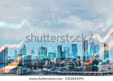Brooklyn bridge with New York City Manhattan, financial downtown skyline panorama at day time over East River. Forex graph hologram. The concept of internet trading, brokerage and fundamental analysis