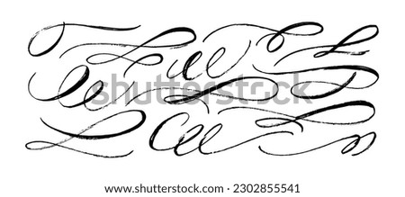 Brush drawn vector swooshes set. Hand draw calligraphy swirls and curls. Curly, wavy decorative swashes on white background. Font tails, black calligraphy flourishes. Underline text elements.