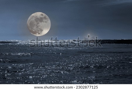 Photo composition with full moon, harbor and alight beacon - digital noise added