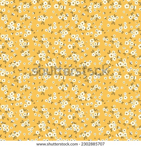 Vintage floral background. Floral pattern with small white flowers on a yellow background. Seamless pattern for design and fashion prints. Ditsy style. Stock vector illustration. Royalty-Free Stock Photo #2302885707