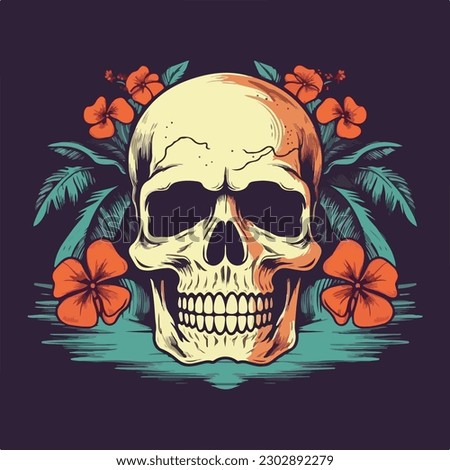 skull flower and palm tree tropical scene summer vintage retro logo badge vector illustration