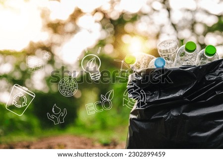 recycling, eco, save, plastic bottle, plastic, environmental, reuse, ecological, bag, trash. plastic bottles let down to trash or recycle bag. to save environmental reuse plastic and bottle.